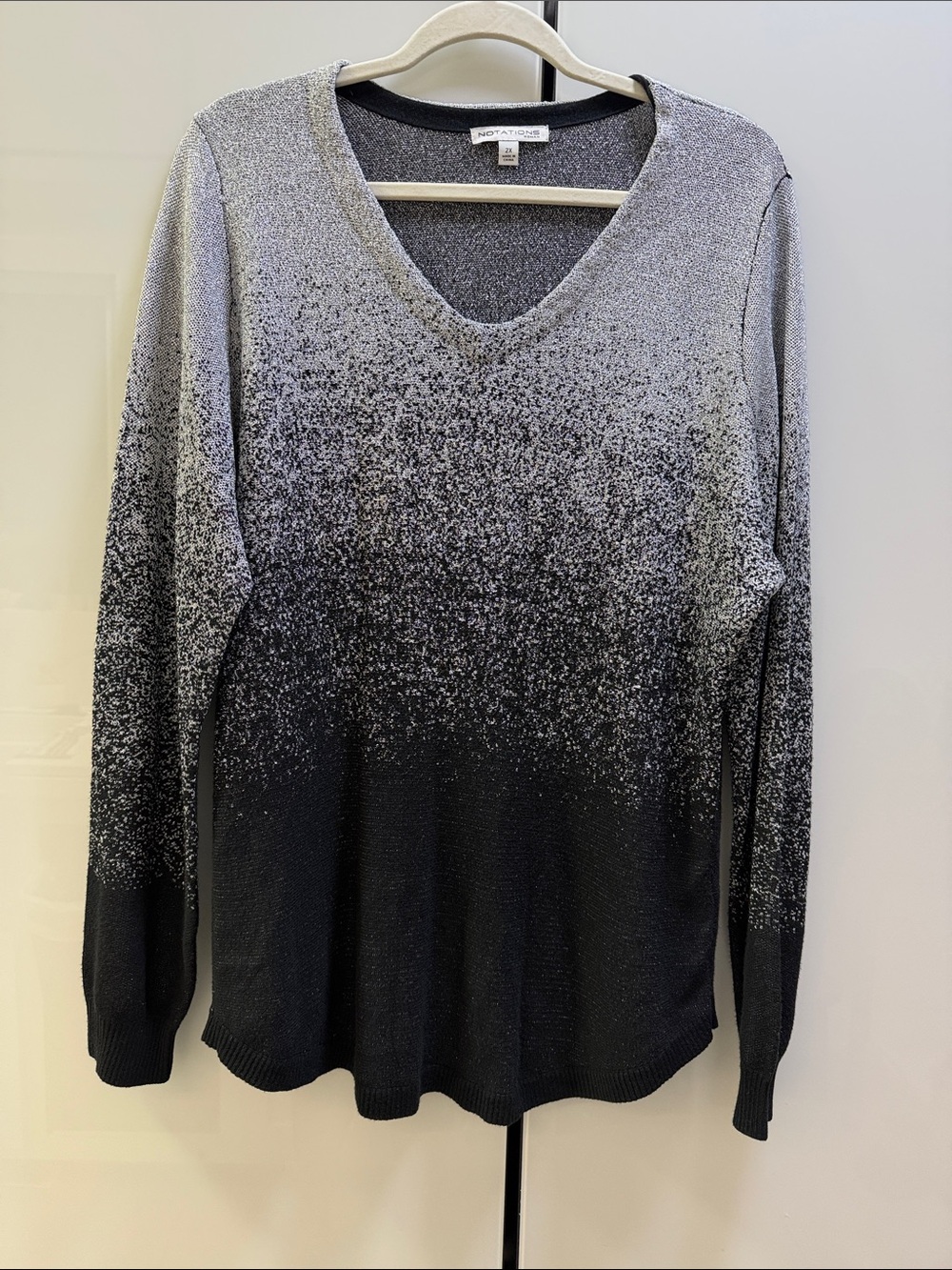 notations Black and Gray Ombre Speckle V-Neck Sweater